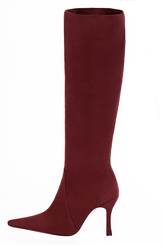 Burgundy red women's feminine knee-high boots. Pointed toe. Very high spool heels. Made to measure. Profile view - Florence KOOIJMAN